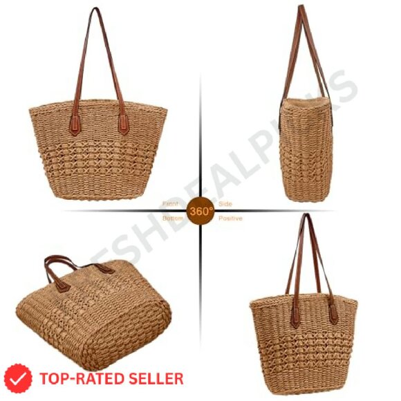 Straw Woven Tote Handbag Summer Vacation Travel Boho Chic Shoulder Bag - Picture 5 of 8
